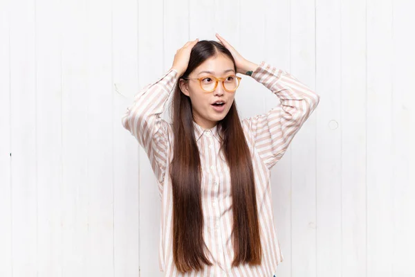 Asian Young Woman Open Mouth Looking Horrified Shocked Because Terrible — Stock Photo, Image