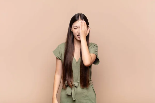 Asian Young Woman Looking Sleepy Bored Yawning Headache One Hand — Stock Photo, Image