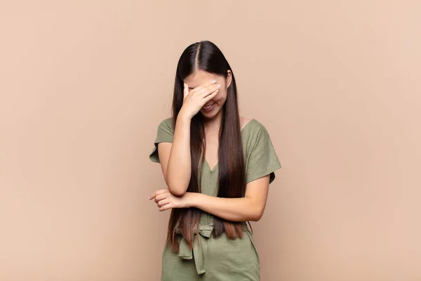 Asian Young Woman Looking Stressed Ashamed Upset Headache Covering Face — Stock Photo, Image