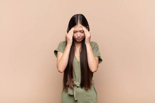 Asian Young Woman Looking Stressed Frustrated Working Pressure Headache Troubled — Stock Photo, Image