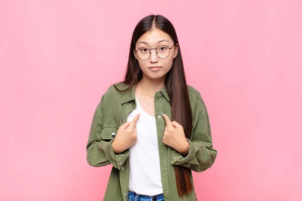 Asian Young Woman Pointing Self Confused Quizzical Look Shocked Surprised — Stock Photo, Image