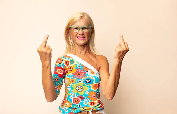 Middle Age Woman Feeling Provocative Aggressive Obscene Flipping Middle Finger — Stock Photo, Image