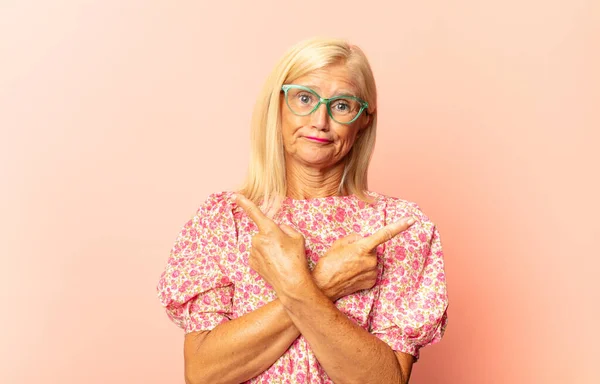 Middle Age Woman Framing Outlining Own Smile Both Hands Looking — Stock Photo, Image