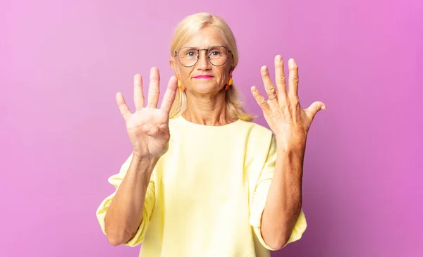 Middle Age Woman Smiling Looking Friendly Showing Number Nine Ninth — Stock Photo, Image