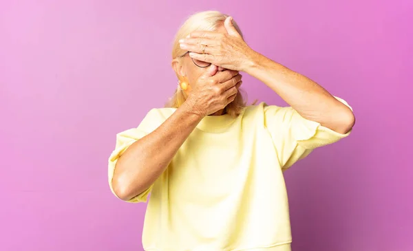 Middle Age Woman Covering Face Both Hands Saying Camera Refusing — Stock Photo, Image