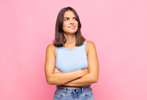 Young Pretty Woman Doubting Thinking Biting Lip Feeling Insecure Nervous — Stock Photo, Image