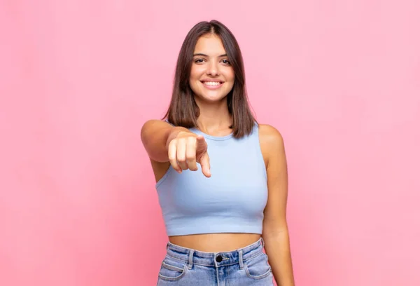 Young Pretty Woman Pointing Camera Satisfied Confident Friendly Smile Choosing — Stock Photo, Image