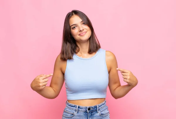 Young Pretty Woman Looking Proud Arrogant Happy Surprised Satisfied Pointing — Stock Photo, Image