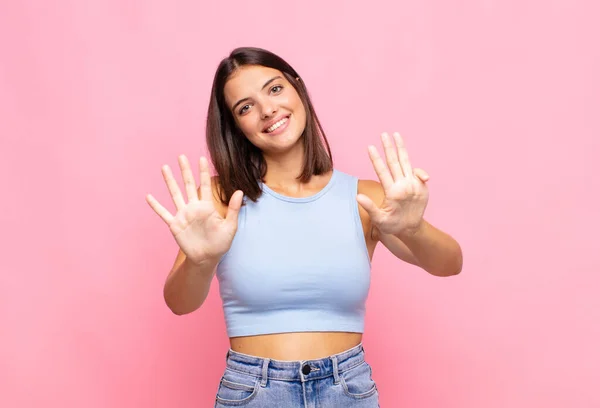 Young Pretty Woman Smiling Looking Friendly Showing Number Nine Ninth — Stock Photo, Image