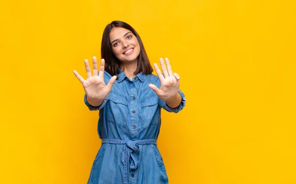 Young Pretty Woman Smiling Looking Friendly Showing Number Nine Ninth — Stock Photo, Image