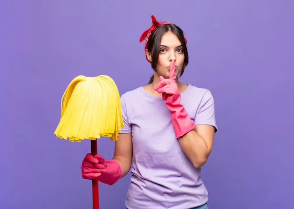 Young Pretty Woman Asking Silence Quiet Gesturing Finger Front Mouth — Stock Photo, Image