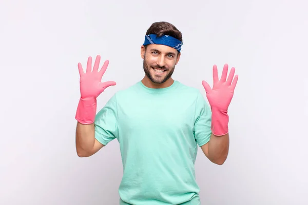 Young Man Smiling Looking Friendly Showing Number Ten Tenth Hand — Stock Photo, Image