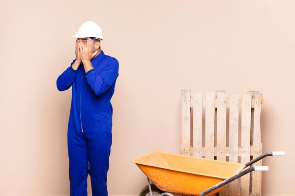 Young Man Feeling Scared Embarrassed Peeking Spying Eyes Half Covered — Stock Photo, Image