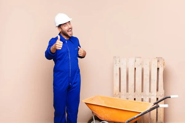 Young Man Feeling Proud Carefree Confident Happy Smiling Positively Thumbs — Stock Photo, Image