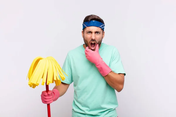 Young Man Mouth Eyes Wide Open Hand Chin Feeling Unpleasantly — Stock Photo, Image