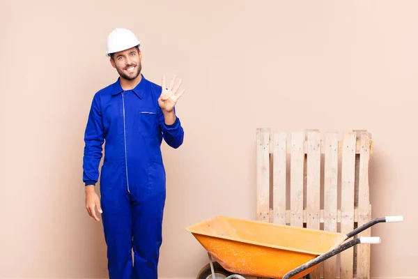 Young Man Smiling Looking Friendly Showing Number Four Fourth Hand — Stock Photo, Image