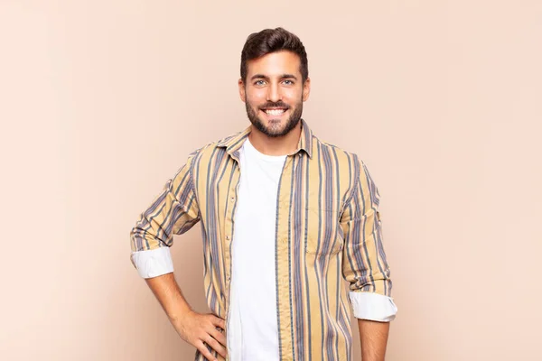 Young Man Smiling Happily Hand Hip Confident Positive Proud Friendly — Stock Photo, Image