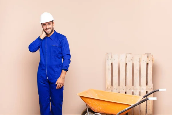 Young Man Laughing Cheerfully Confidently Casual Happy Friendly Smile Construction — Stock Photo, Image