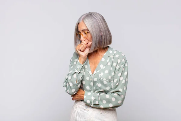 Gray Haired Woman Feeling Ill Sore Throat Flu Symptoms Coughing — Stock Photo, Image
