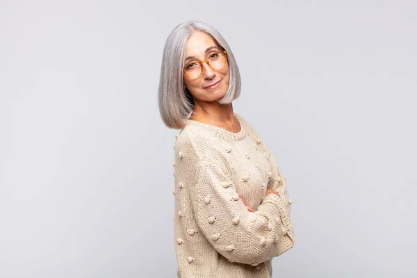 Gray Haired Woman Smiling Gleefully Feeling Happy Satisfied Relaxed Crossed — Stock Photo, Image