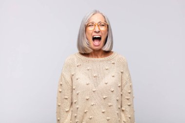 Gri saçlı kadın agresif bir şekilde bağırıyor, çok kızgın, sinirli, öfkeli ya da sinirli görünüyor, hayır