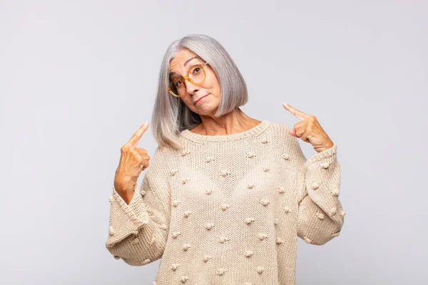 Gray Haired Woman Bad Attitude Looking Proud Aggressive Pointing Upwards — Stock Photo, Image