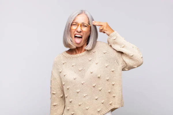 Gray Haired Woman Looking Unhappy Stressed Suicide Gesture Making Gun — Stock Photo, Image