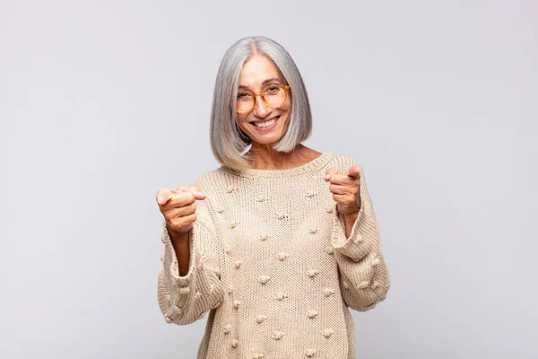 Gray Haired Woman Smiling Positive Successful Happy Attitude Pointing Camera — Stock Photo, Image