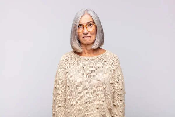 Gray Haired Woman Looking Puzzled Confused Biting Lip Nervous Gesture — Stock Photo, Image