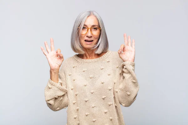 Gray Haired Woman Feeling Shocked Amazed Surprised Showing Approval Making — Stock Photo, Image