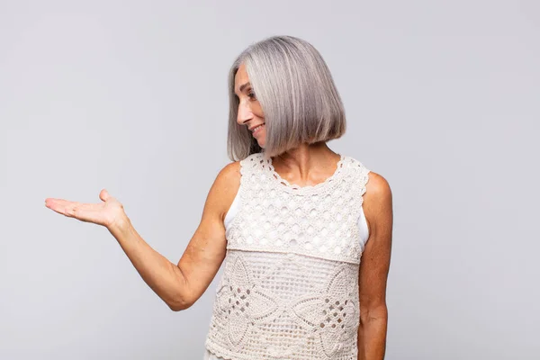 Gray Haired Woman Feeling Happy Smiling Casually Looking Object Concept — Stock Photo, Image
