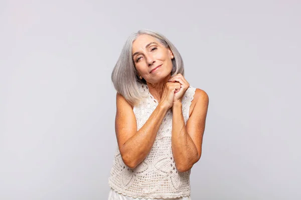 Gray Haired Woman Feeling Love Looking Cute Adorable Happy Smiling — Stock Photo, Image