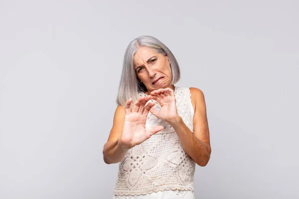 Gray Haired Woman Feeling Disgusted Nauseous Backing Away Something Nasty — Stock Photo, Image