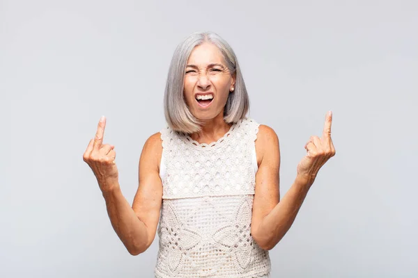 Gray Haired Woman Feeling Provocative Aggressive Obscene Flipping Middle Finger — Stock Photo, Image
