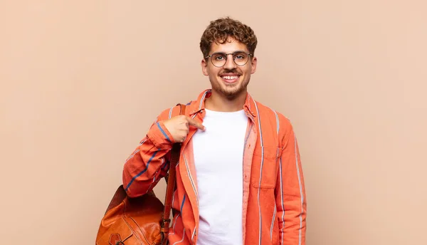 Young Man Looking Happy Proud Surprised Cheerfully Pointing Self Feeling — Stock Photo, Image