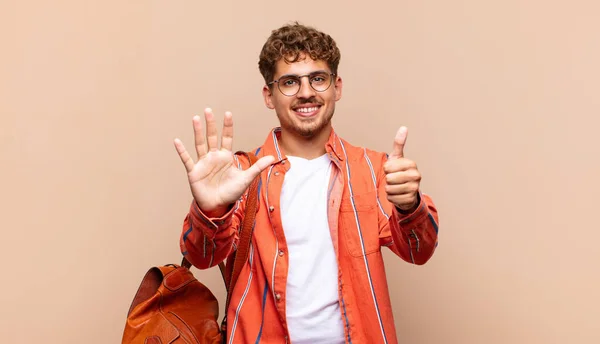 Young Man Smiling Looking Friendly Showing Number Six Sixth Hand — Stock Photo, Image