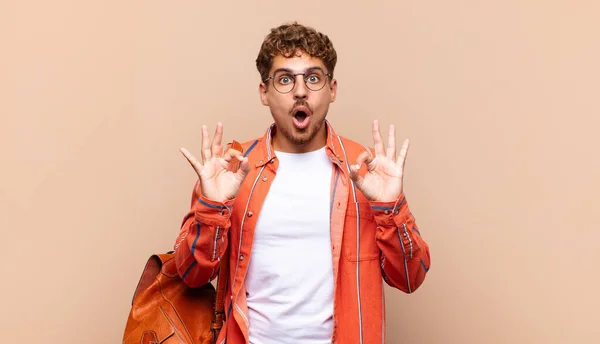 Young Man Feeling Shocked Amazed Surprised Showing Approval Making Okay — Stock Photo, Image