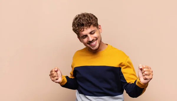 Young Man Smiling Feeling Carefree Relaxed Happy Dancing Listening Music — Stock Photo, Image