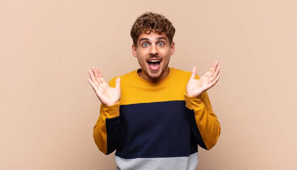 Young Man Looking Happy Excited Shocked Unexpected Surprise Both Hands — Stock Photo, Image