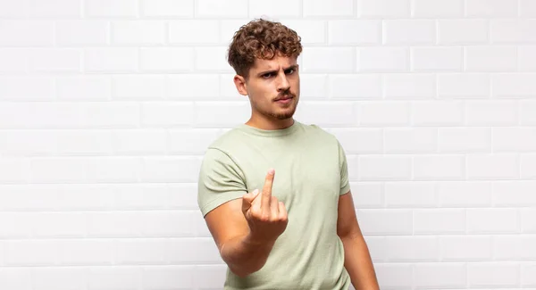 Young Man Feeling Angry Annoyed Rebellious Aggressive Flipping Middle Finger — Stock Photo, Image