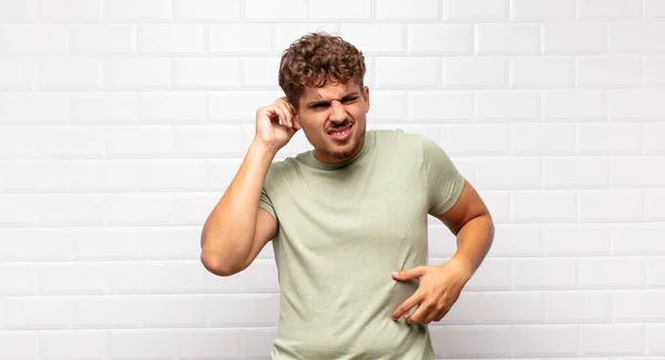 Young Man Feeling Stressed Frustrated Tired Rubbing Painful Neck Worried — Stock Photo, Image