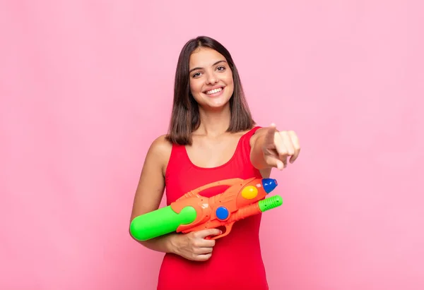 Young Pretty Woman Pointing Camera Satisfied Confident Friendly Smile Choosing — Stock Photo, Image