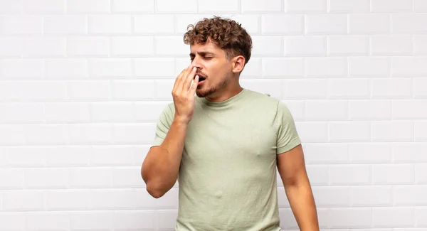 Young Man Yawning Lazily Early Morning Waking Looking Sleepy Tired — Stock Photo, Image