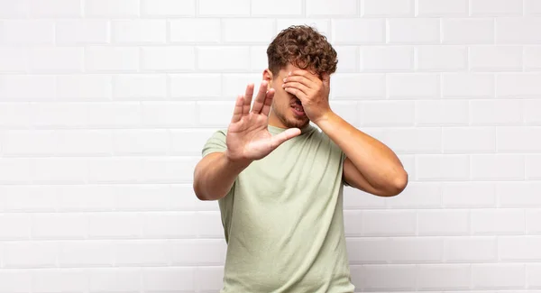 Young Man Covering Face Hand Putting Other Hand Front Stop — Stock Photo, Image