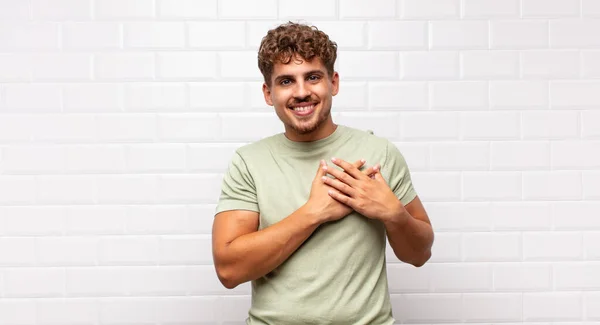 Young Man Feeling Romantic Happy Love Smiling Cheerfully Holding Hands — Stock Photo, Image