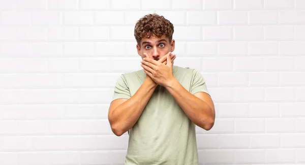 Young Man Covering Mouth Hands Shocked Surprised Expression Keeping Secret — Stock Photo, Image
