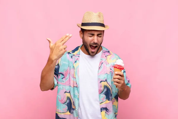 Jongeman Die Ongelukkig Gestrest Uitziet Zelfmoordgebaar Met Hand Wijzend Naar — Stockfoto