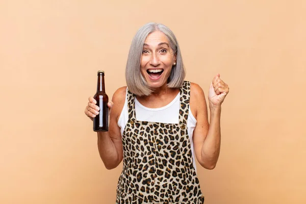 Middle Age Woman Feeling Shocked Excited Happy Laughing Celebrating Success — Stock Photo, Image