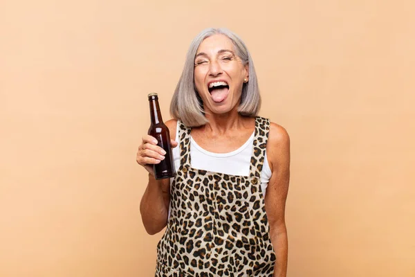 Middle Age Woman Cheerful Carefree Rebellious Attitude Joking Sticking Tongue — Stock Photo, Image