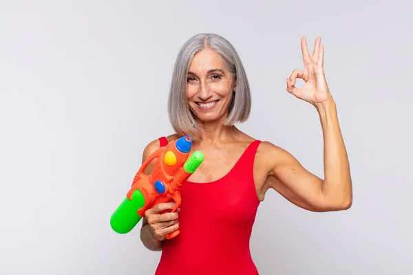 Middle Age Woman Feeling Happy Relaxed Satisfied Showing Approval Okay — Stock Photo, Image